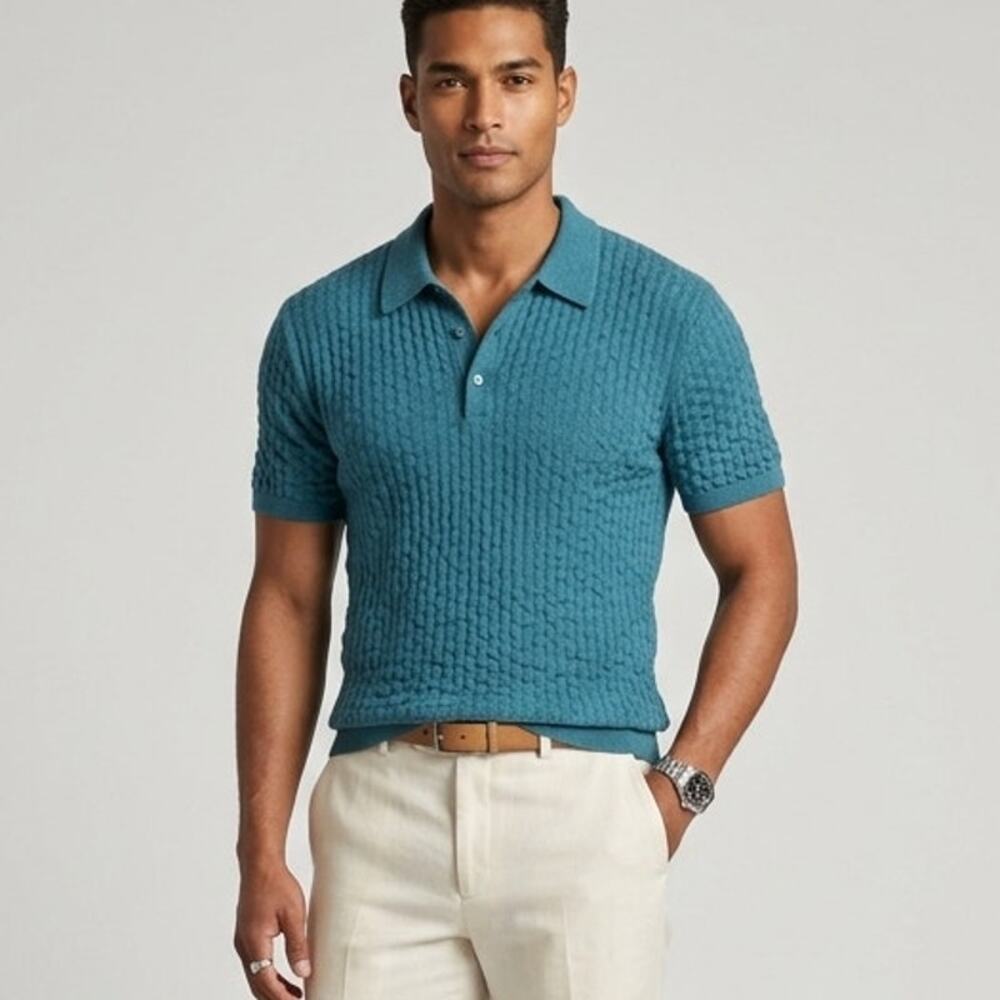 MR TURK Cotton Textured knit Polo Teal blue size Small